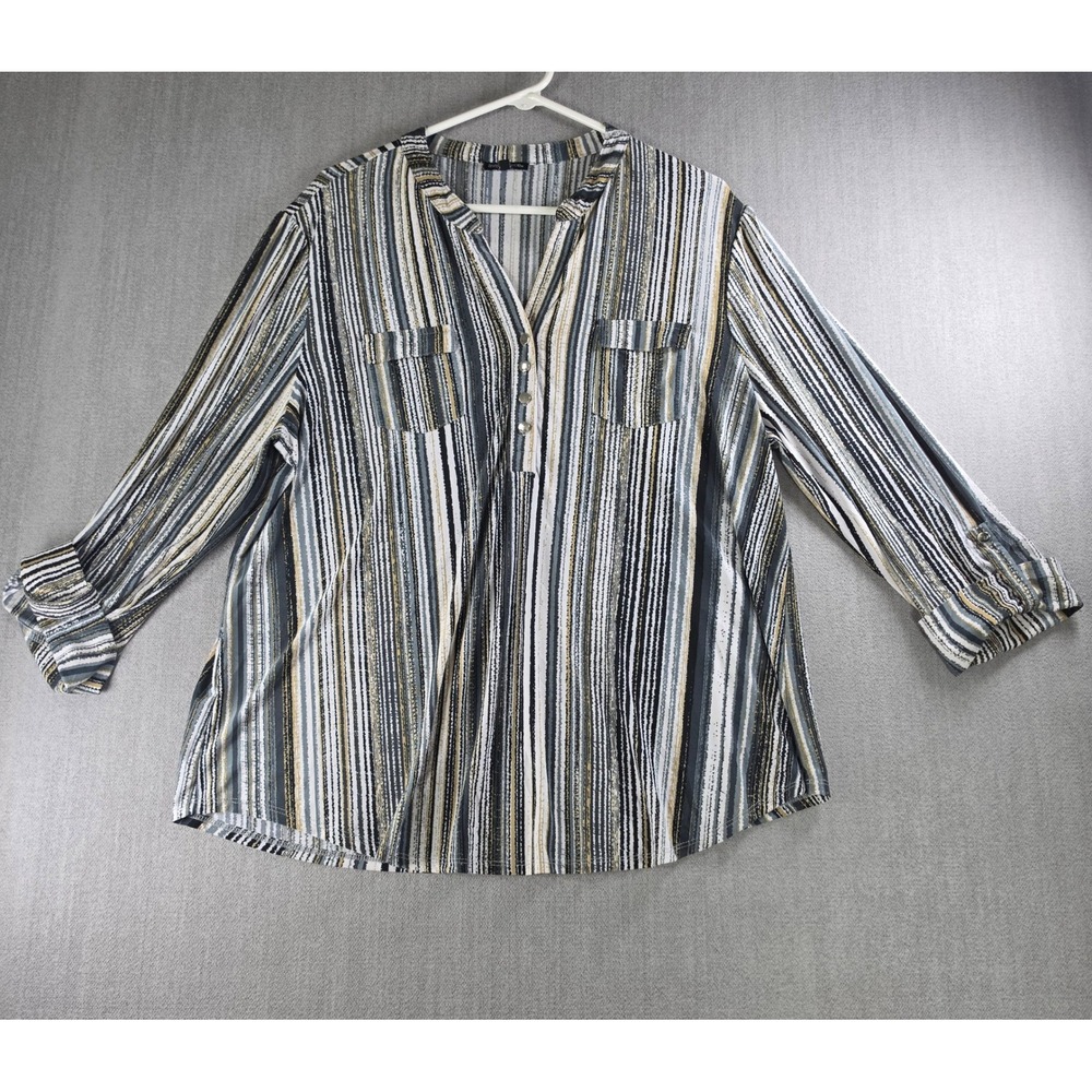 Ava & Grace Tunic Top‎ Womens XL Multi Color Striped Roll Tab Sleeve V-Neck
